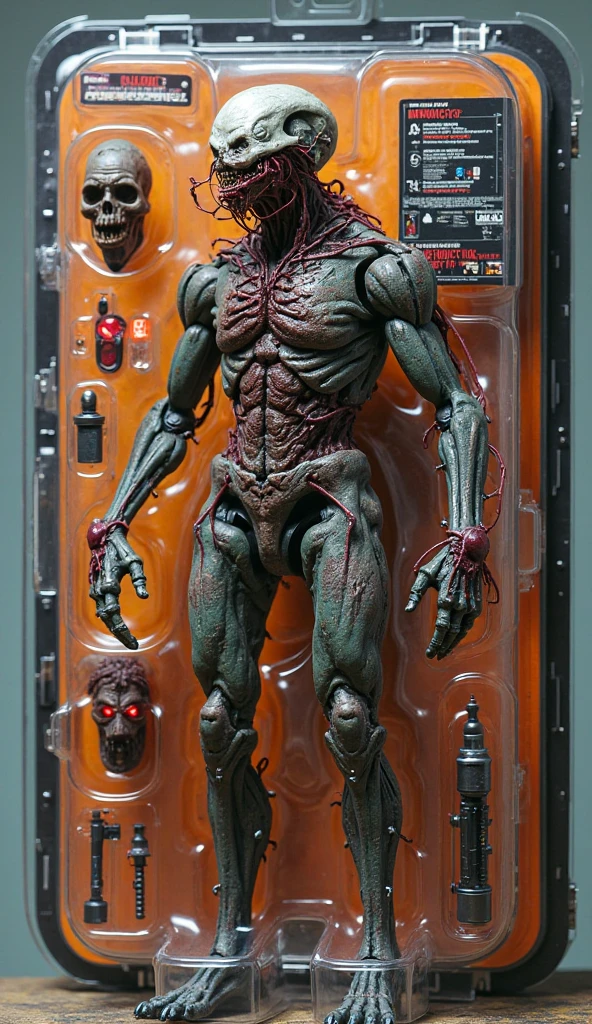 3D Rendering、Toy、Full body image、Action Figures、1/6 Scale、12 inch size、Bad guy、artificial human world、(((The whole body is asymmetrical)))、The right half of the body is mechanical、Steampunk Style、Some parts glow in neon colors、(((The left side of the body is a creepy body with arteries and veins protruding)))、Unclean and unpleasant skin、Scary look、(((Full body image)))
