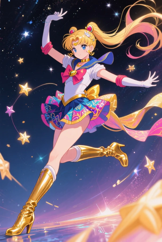table top, High resolution, 8K, anime woman, delicate and detailed writing 、detailed digital illustration、short hair、perm、bob cut、shiny hair、bangs、very beautiful woman、eyes are double, big, Bust is D cup、high resolution, high quality、detailed background、(((Idolの服を着て)))、((Sparklinging live stage backdrop))、The inside of your eyes shine like diamonds、bright yellow hair、gradient pupil、(((2 arms、4 fingers, 1 thumb)))、detailed woman's face、She is a very beautiful and cute woman、、detailed background、masterpiece、soft focus , bright gradient watercolor , Lens flare , (((Sparkling))) , shine , dream-like , (((Sparklingマイクを手に持つ)))、mini skirt、Idol、yellow ribbon、Very beautiful yellow rose hair accessory、Yellow and gold costume with white as the main color、((throw))、Sparkling Cat Ear Headband、((foot pose)、lively girl、open your mouth and laugh