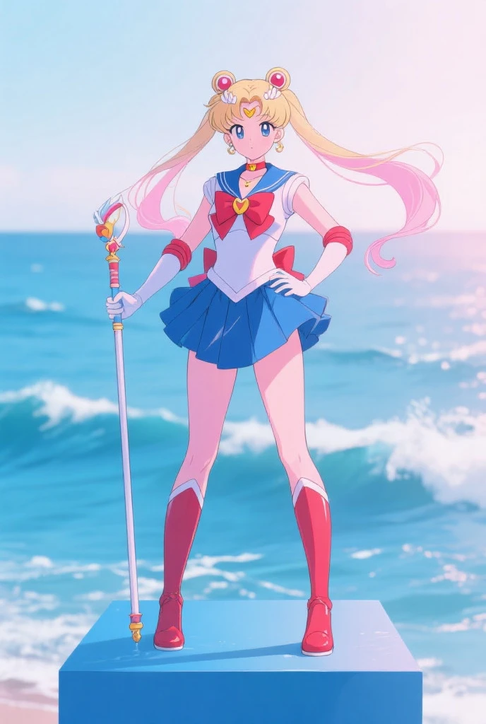 masterpiece, high definition, best quality, rendered art, well formed hands, fingers and body, 1 woman, solo, sailor moon , adult, grown up, twin tails, blonde, big breasted, cleavage, full body, , sexy sailor senshi uniform, short blue skirt, red boots, gorgeous hips, legs and thighs, blond, white elbow gloves, sailor collar, tiara, earrings, dancing seductively and erotically, shaking her body, showing her back and front, wind lifting skirt, smiling joyfully and brightly, looking at the viewer, flirting, beach environment 