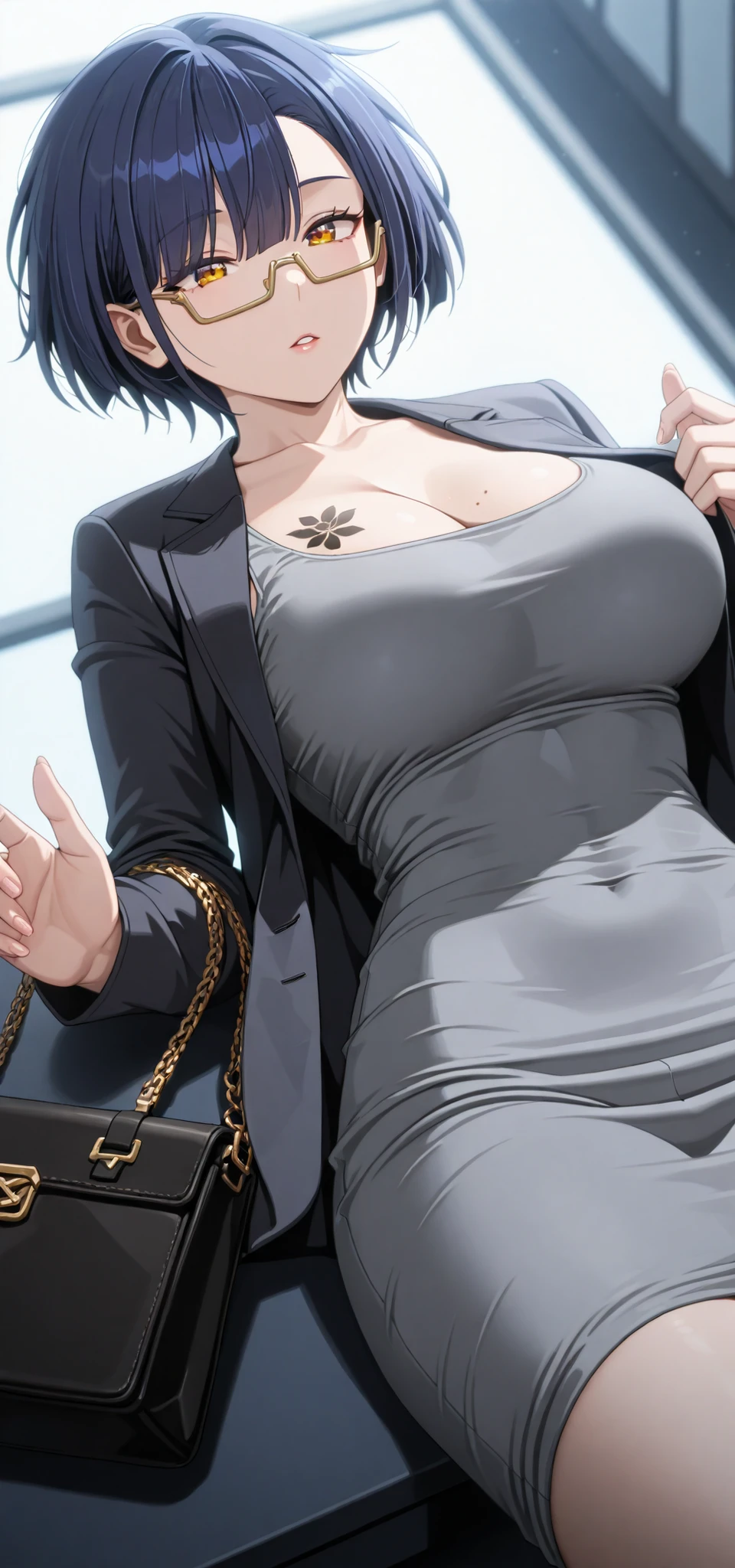 masterpiece, best quality, 8k wallpaper, hires, intricate details, soft lighting, studio shot, simple background, dynamic angle, bokeh background, rating_explicit, perfect hand according to anatomy, five fingers, beautiful, 1girl, solo, Nias_Carlin_IntergalacticEmpire, under-rim eyewear, short hair, (yellow eyes), Blue hair, bangs, eyes half closed, breast, mole on breast, parted lips, handbag, outfit sk996, grey dress, long sleeves, breast tattoo, highly detailed, close up