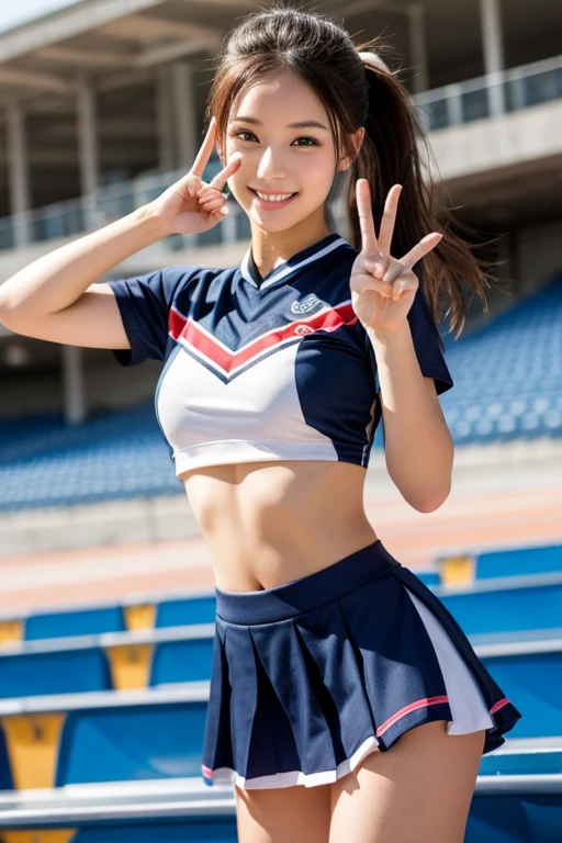 (((top-quality, 8K, photographrealistic:1.4, masterpiece, realistic, photographic, photo))), Back light, Highly detailed facial texture girl, 15years old, childlike, (((Blue Cheerleader:1.2))), ((Stadium Background:1.2)), with arms up, A smile, open mouth, black hair and twin tail, Parted sleeves, bare shoulders, Center opening, flat chest, AAA cup, ribbon, Kneeling, cute, beautiful, sexy navel, detail