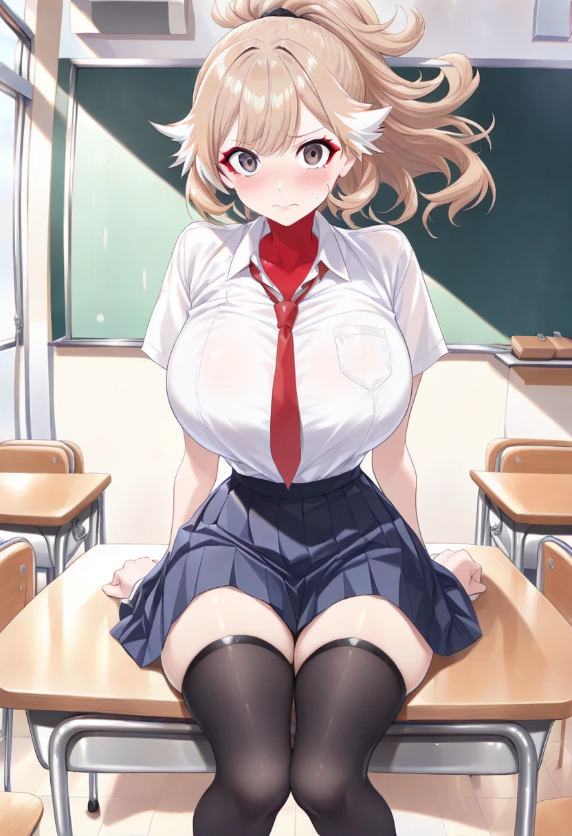 Highest quality、High resolution、Detailed Background、Detailed eyes、Teenage beauty、Highly detailed face、Huge breasts、cute髪色、cute髪型、Perfect body line、No sleeve、Sailor suit、mini skirt、(Lifting her skirt to show her panties、View from directly below:1.5)、classroom、Blushing with a troubled expression、cute
