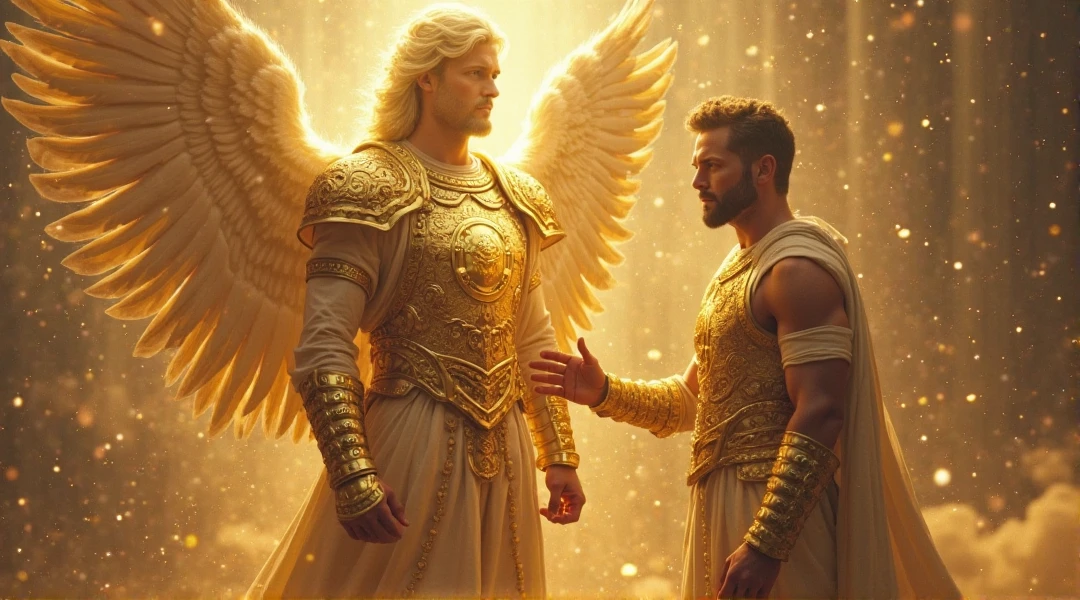 male angels holding sword and lion, 8 k quality, image a little dark