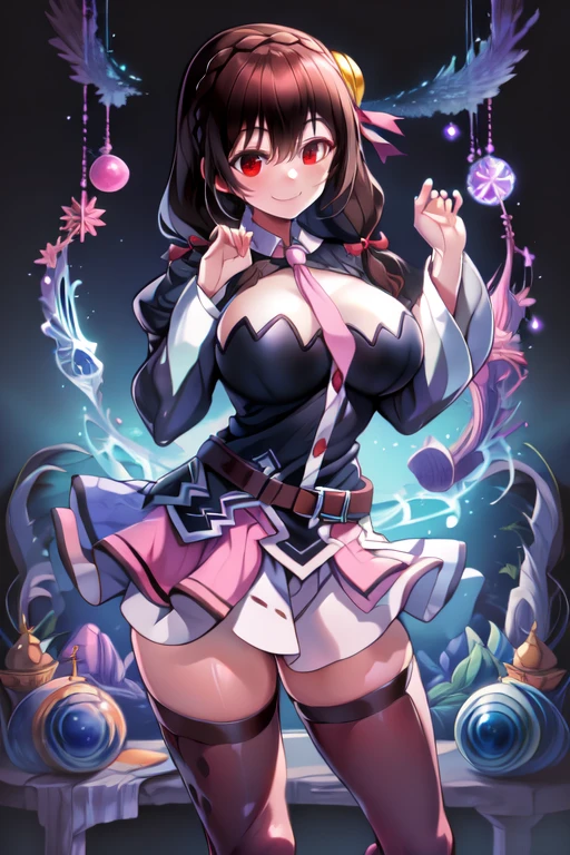 ((masterpiece)), (best quality:1.7), (detailed:1.4), (high res:1.4), 8k, (colorful:1.5), 2d, high resolution, sharped image, 4k, hd, nimu_vtuber, 1girl, (((solo))), bow, hair bow, clothes around waist, white thighhighs, blob, blush, skirt, brown hair, thighhighs, star (symbol), v, open mouth, brown eyes, purple bow, smile, full body, long hair, artist name, collarbone, choker, big breasts, cleavage, ahegao, nipples, <lora:nimu_vtuber:0.6>, <lora:thickerLinesanimeStyle:0.6>