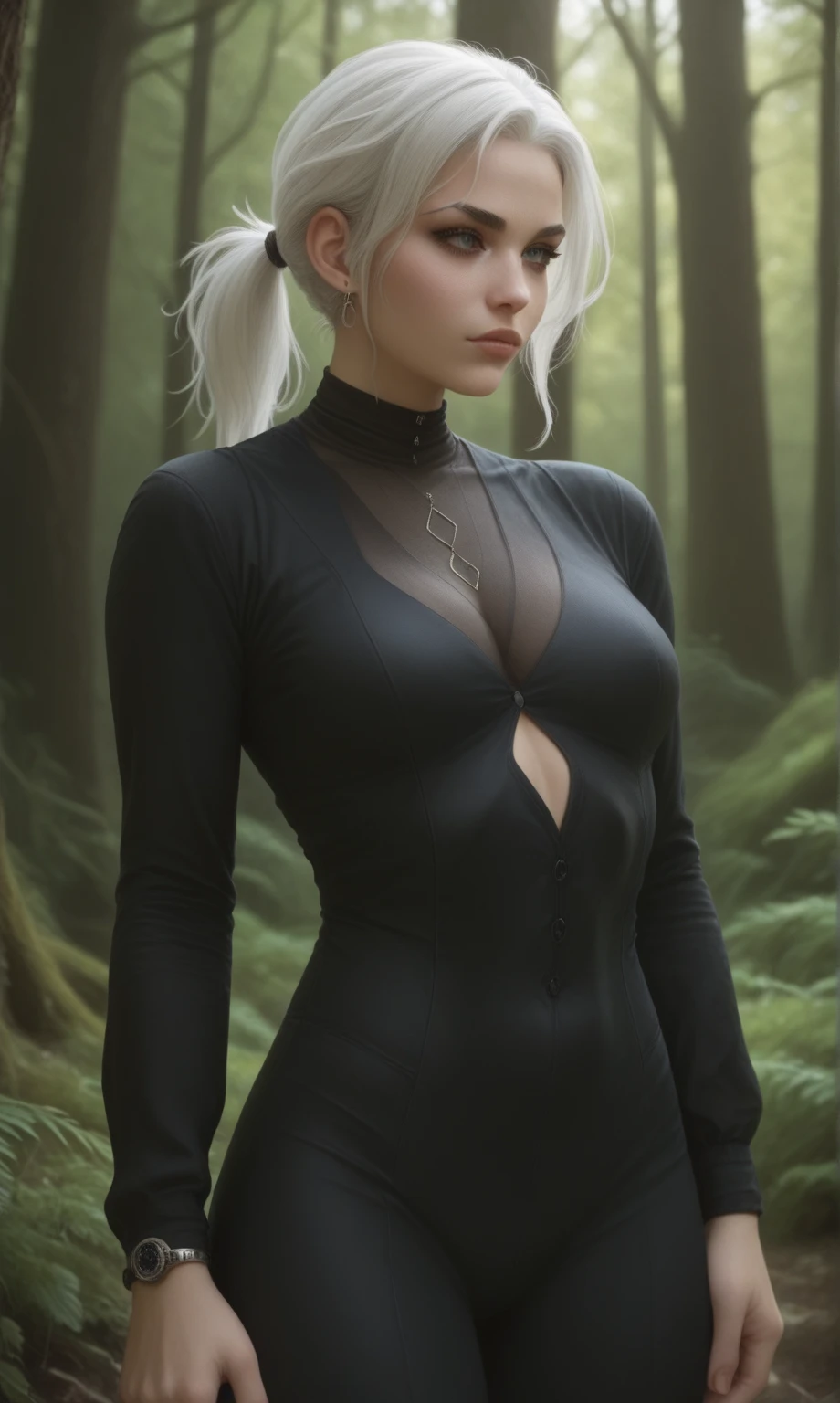 A young androgynous woman with a undercut in a fantasy setting. Happy. Kind. Friendly. Tomboyish. Very pale skin with freckles and liverspots. Very short dark-brown hair with a undercut haircut. Sides shaved. A round soft face and chin. Very thin and barely visible eyebrows. Darkbrown eyecolour. Upturned eyes. Long and wide nose. Curved lips. Long neck. Small chest. Slim. Wide hips. Long thick legs. Wearing a black monks habit. Background: A beautiful colourful landscape. Sun is shining. A forest.