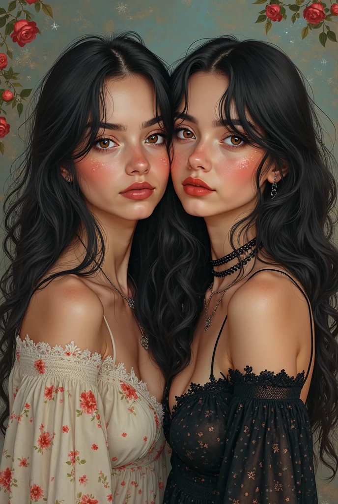 Create an image of a 2 girl with long wavy black hair, white, mocha colored eyes, with arrogant look semi-real digital illustration