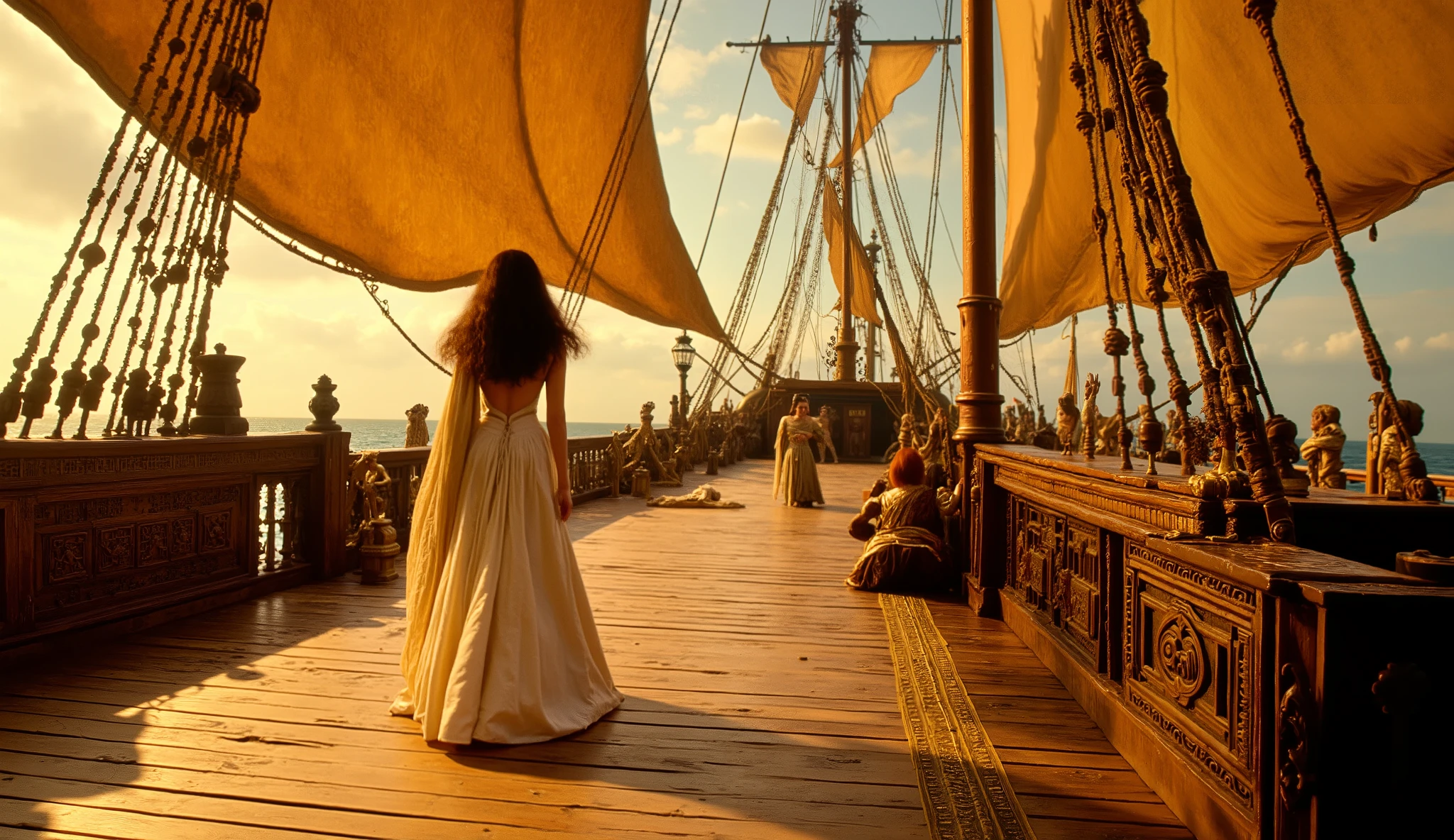 1950s, Cleopatra back view,walking in wooden ancient warship, wide view
