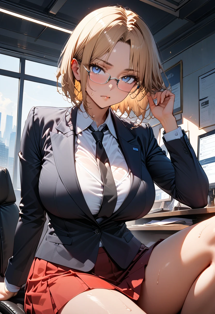 High resolution, 2D anime style,blue eyes beautiful eyes,high and beautiful nose,Skinny face,boyish blonde short hair,Short up-hair,cool woman,beautiful clock,Chest is slightly larger,she looks very serious,biting one's lips, she was very angry, she narrows her eyes,she wears glasses,Fashion that shows cleavage, Wearing an unbuttoned white shirt,leather red pants,Wearing a long black coat, Formal fashion,wear a coat,Sitting in an office chair,company office