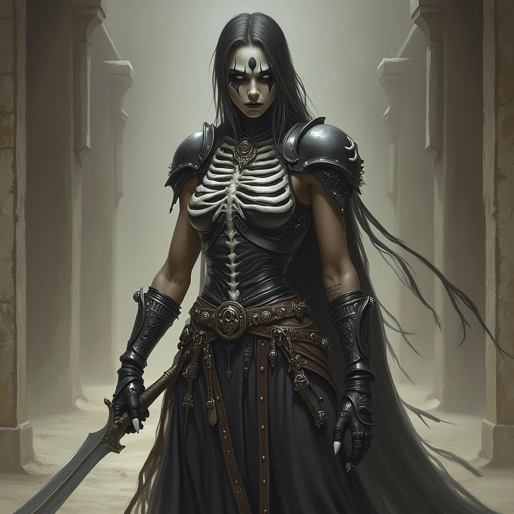 concept art, with woman wearing skull mask, muscular, gray skin, curly hair, monarch, standing, tattoos,