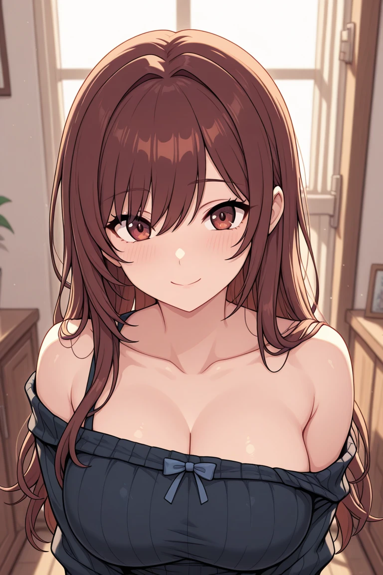 cute, beautiful, Upper Body,high school girl, Large Breasts, Cleavage(Brown Hair:1.2),Red nose,Leaning forward,No background