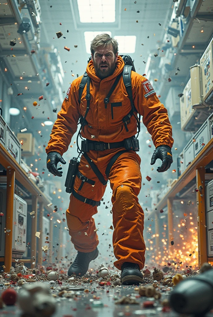 (35mmstyle:1) artstyle medium shot portrait photo captivating film still of a man with a striking expression and body language, Debris from a Giant Explosion in New York City is happening in the background out of focus, depth of field, epic, Anarchy, end of the world, dark, fire