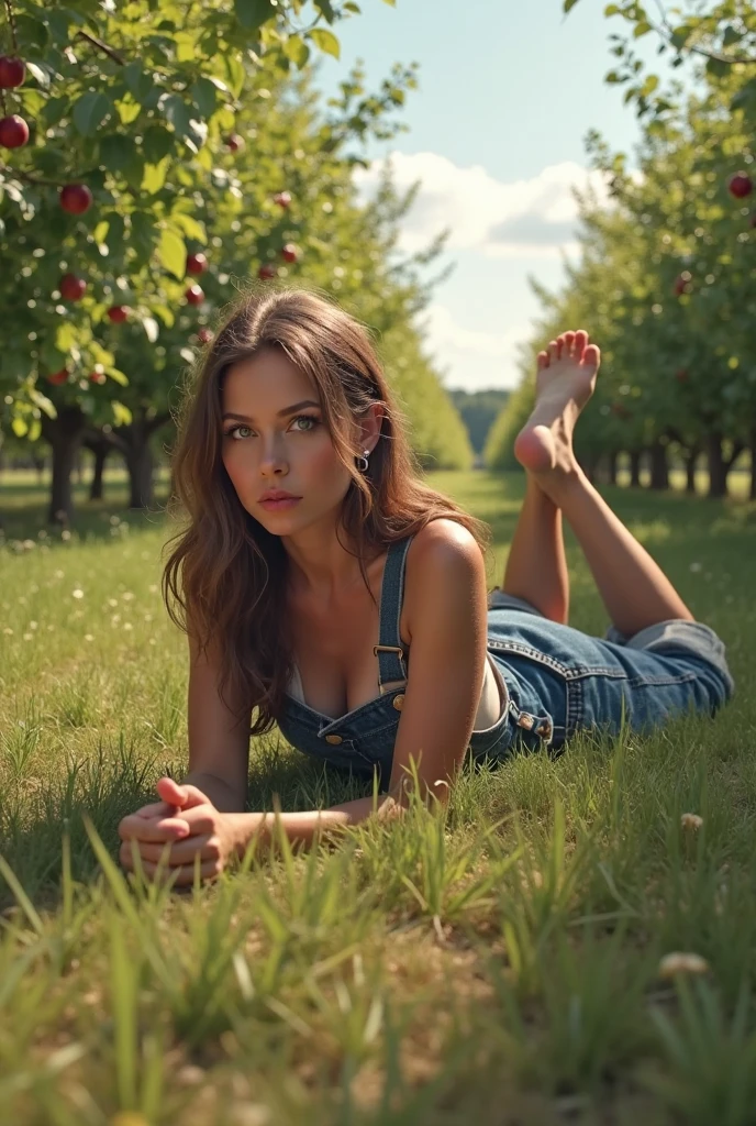 Main: (Woman. beautiful. wide hips. small waist). Environment: (crop with many tomatoes). Clothing: (Red blouse. jeans. White Shoe).