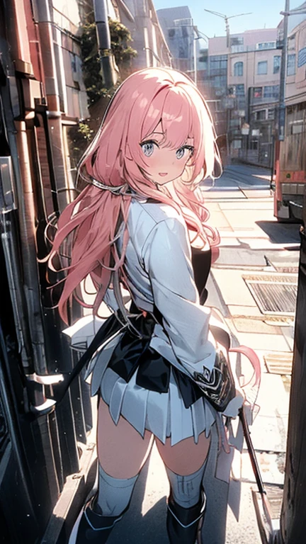 Mine system,Panty shot , Under the skirt,Low - Angle,Back view,More than one person,Knee-high,Pink Panties,White Skirt