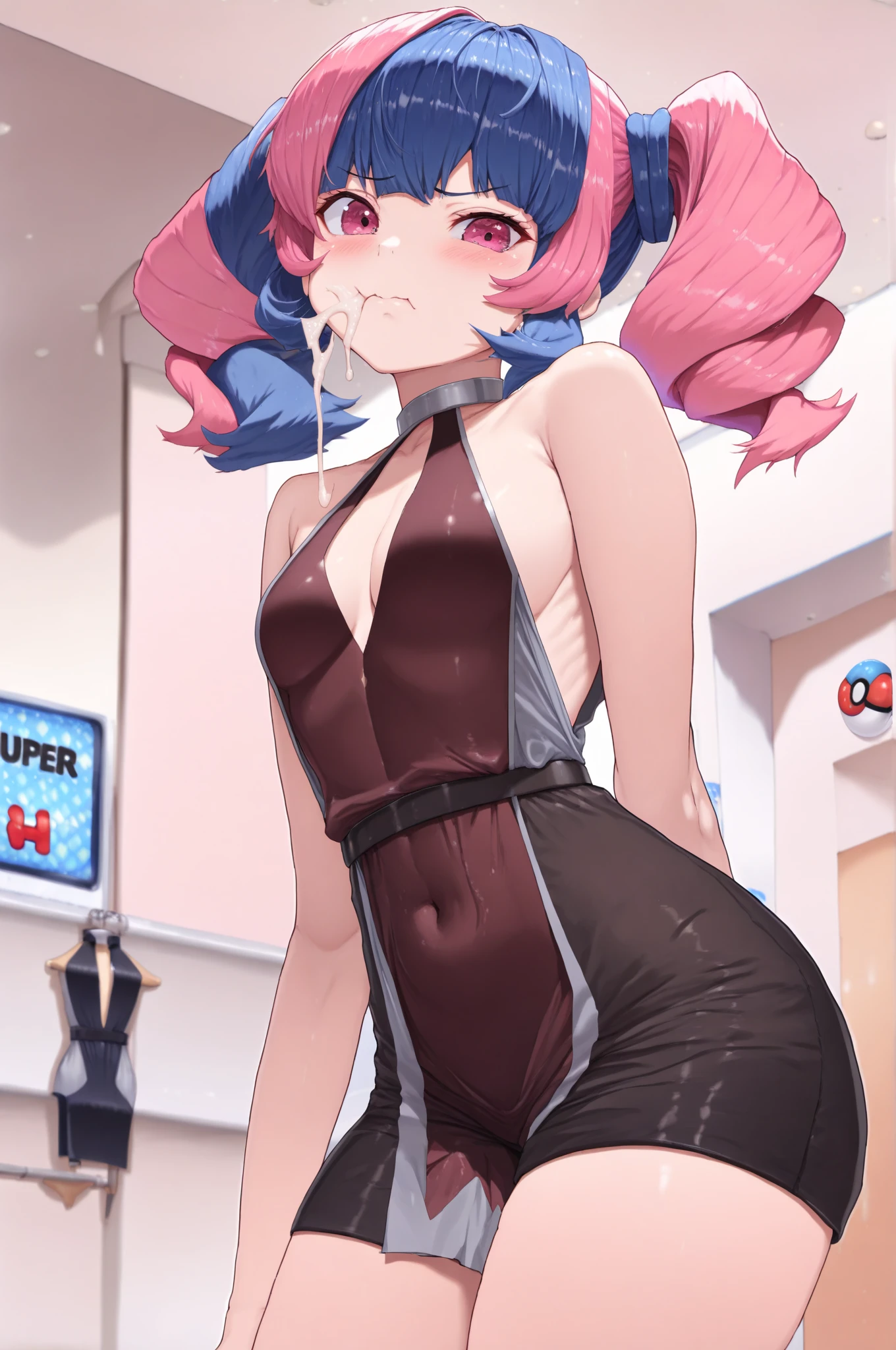 hatsune miku Rabbit hole, Thin anime girl with thin hips and well-defined buttocks but proportional to her thin body with blue hair wearing a sexy bunny suit with somewhat large gray bunny ears and two black bows with white stripes in each ponytail of her hair on her back., with a white collar on his neck, with the ass open and the Asian hip on one side, dancing on a pole moving her hips from one side to the other,  The girl is tied by both hands to the pipe with police handcuffs which have her tied to the pipe. , with somewhat transparent black tights that show the color of her legs with a white bunny tail and lingerie-type underwear Rear perspective image
