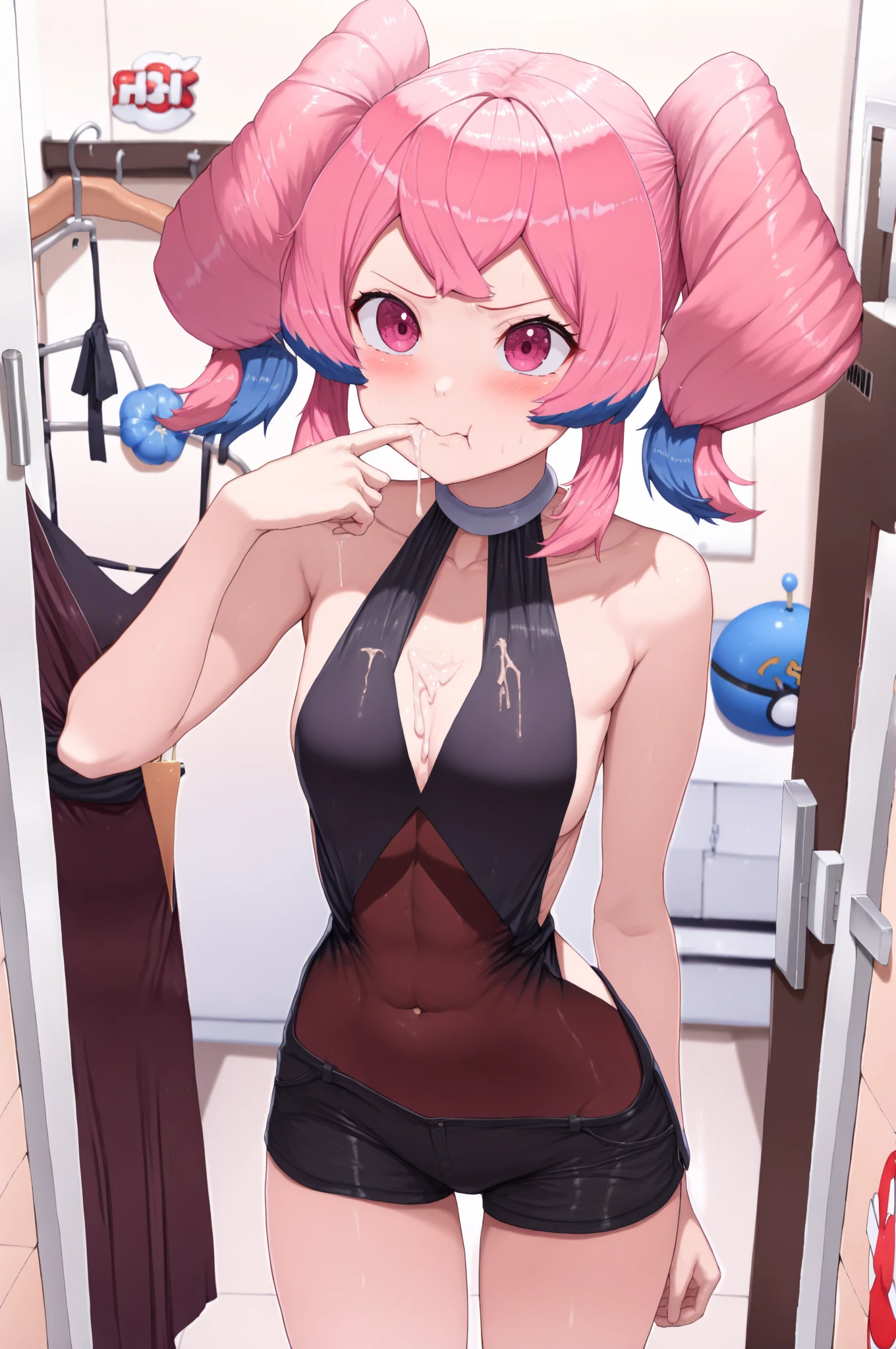 source_anime, nezukoc, black hair, solid circle eyes, parody, pink hair ribbon, two-tone hair, bamboo bit gag, black pantie, high-leg pantie, crotchless pantie, nipples, small breasts, little busts, indoors, Japanese room, looking at viewer, cowboy shot, dutch angle, dynamic pose, confused,