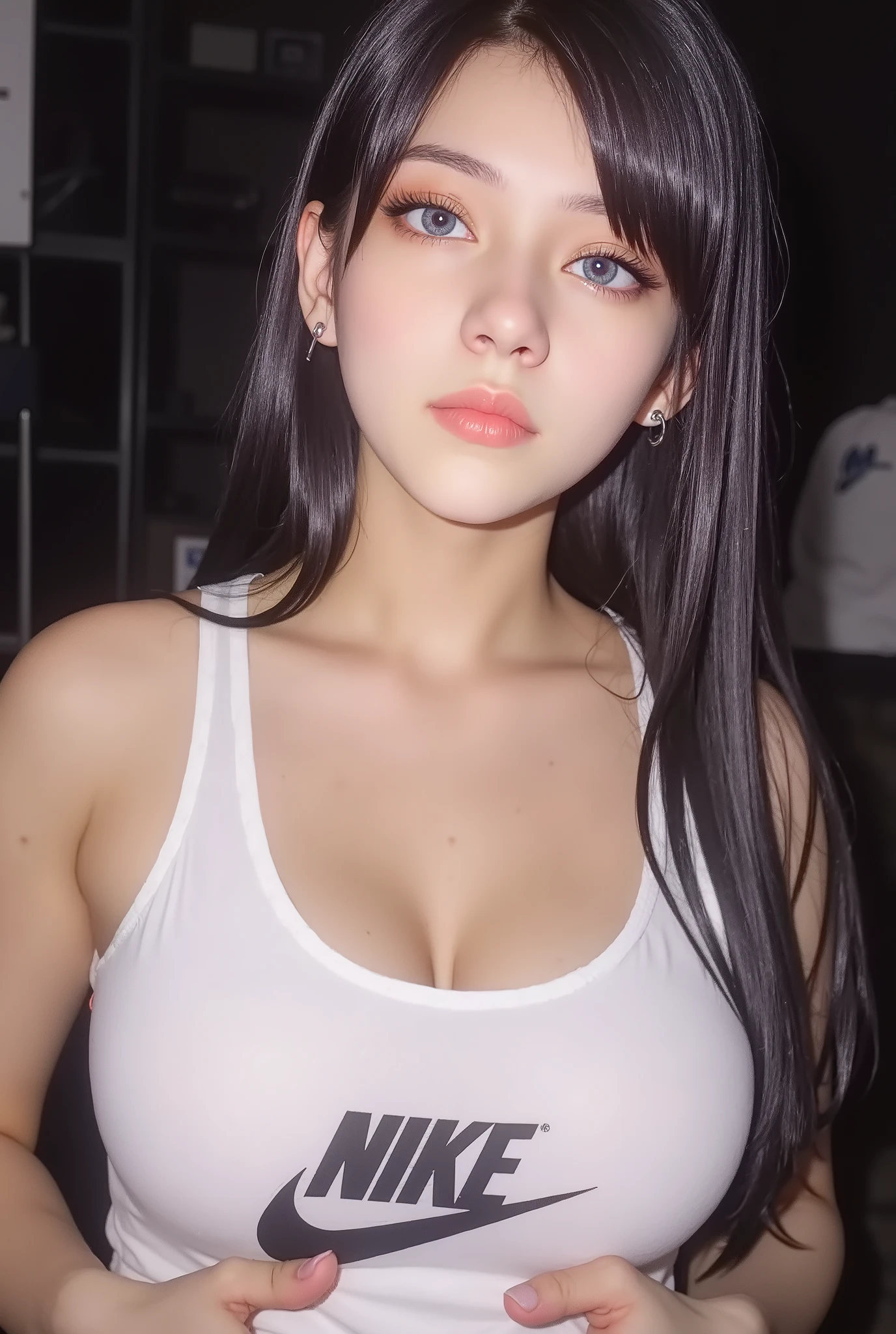 Pixie girl of my dreams, iridium eyed girl, real flesh, full chest, huge F-cup bust, a realistic beautiful woman. wearing a white cotton sports bra clearly showing the famous NIKE Logo and title branding. She has a neutral expression, her mouth open in anticipation, (pushing her huge breasts tightly together:1.6), her are hands squeezing her breasts. Her large mammaries are incredibly detailed, with each pore, mole and freckle captured in sharp clarity. The play on light and shadow in her deep cleavage adds an alluring beauty to the image.