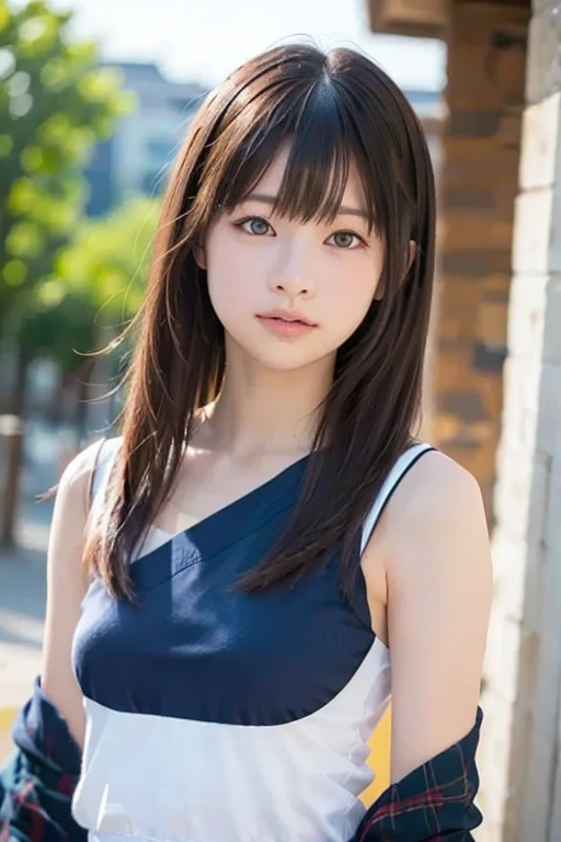 8k, Highest quality, masterpiece, Ultra-high resolution, (Realistic:1.4), RAW Photos, (Film Grain:1.3), one person&#39;s, Portrait of a thin Japanese woman, 22 years old, Stand on the beach, Cute Face, Detailed face, Detailed eyes, {short|length} hair, correct body anatomy, Wearing a swimsuit, Photo engraving、smile