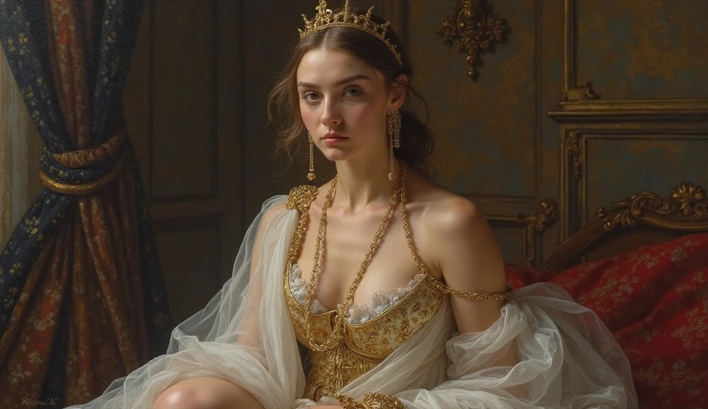 Katharina the great, in 1750, topless, barroco, In the palace, ornaments on the walls, Diadem, opulent jewelry, hair up, scepter in hand, ultra realistic, realistic skin, detailed background with lots of decoration, her face and posture show self-confidence and strength, on the throne