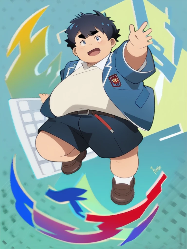 Full Body Blue, Body Noise-Sensing, as a computer folder, Wearing School Uniform,  chubby , cute, with a big belly to reveal clothes, junior high school student, Fatty,  No Glasses , With hair, Overweight, Big belly, anime style