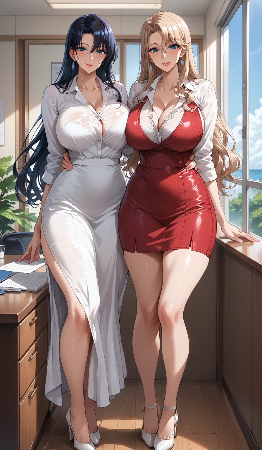(8k,Super details,best masterpiece,nature,Perfect work of art,perfect female figure),two women,sister and sister,sisters,Rainbow hair,perfect face,(huge),Neighbor's Wife,woman hairstyle,elegant wife,mature and exposed,20 years old,fair skin,messy hair,Perfect sexy body,Wear clothes that fit and are sexy,Red low-cut dress,High slit,Slanted hem,vacuum,Show side breasts,embedded in ass,Hot and sexy secretary,wear glasses,Standing in a spacious conference room,Papers scattered on the ground,Detail background,necklace,perfect eyes,, T-shaped small size,huge的山雀