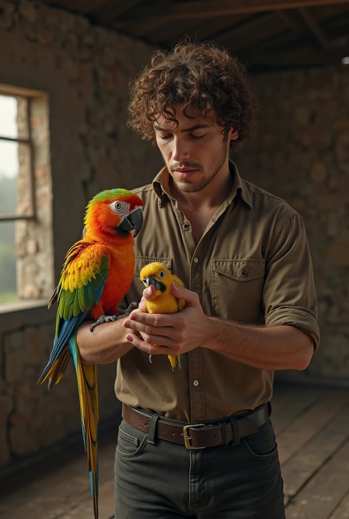 A tall handsome cute young man with a parrot