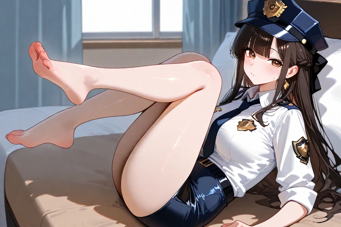 Japanese beauty naked,Police Belt,Watch on wrist,Drunk,Engage your audience、Standing in front of a white wall、Shot from the knee、Lying in bed、Right hand on chest、Left hand to mouth、View from the front、Full body shot