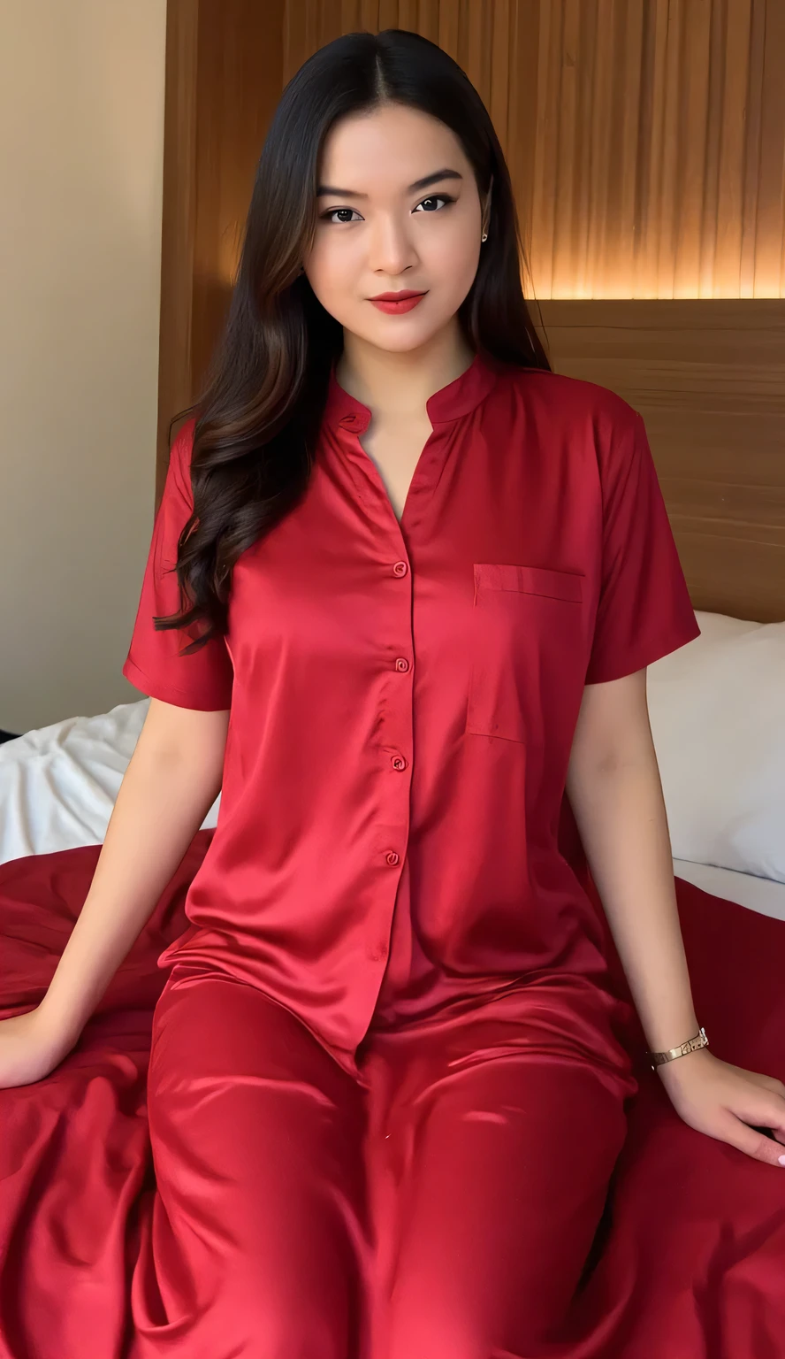 A beautiful woman, Sit on the mattress, shirt looks full body, body facing front, eyes looking at camera , Using Indonesian lace long to toe satin material in red, big , red lips, black hair