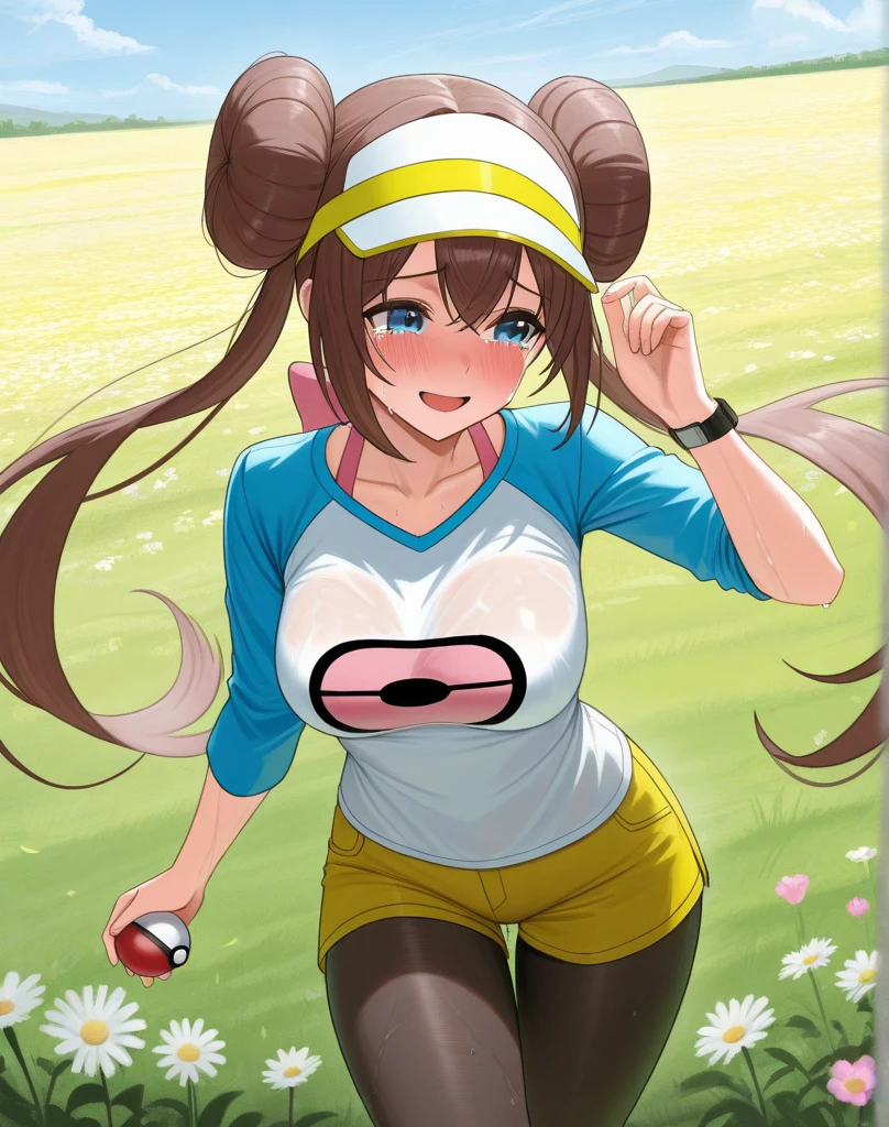 (masterpiece:1.2), (best quality), (ultra detailed), (8k, 4k, intricate),(full-body-shot:1), (highly detailed:1.2),(detailed face:1.2), (detailed background),detailed landscape, ((portrait)), (dynamic pose:1.2) rosa, brown hair, double bun, doughnut hair bun, hair bun, blue eyes, hair between eyes, twintails, 1girl, ((solo)), looking at viewer, smile, open mouth, shirt, ribbon, jewelry, medium breasts, red bra, red panties, nsfw, collarbone, hair ribbon, cowboy shot, hairband, bracelet, red ribbon, hand on hip, index finger raised, poke ball, poke ball (basic), bow hairband,