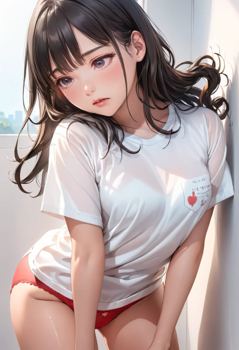 ((Leaning forward)) (While taking off her underwear), Big Breasts, (White gym clothes, Short sleeve, Red Bloomers), There is a cute girl, brm, High-quality facial beauty, Naughty seduction, Bedroom, Shiny skin, Fine skin, Sexy see-through lingerie, (breast), highest quality, Super detailed, (Ultra-high resolution,8K), Ultra-high definition 4K, Angle from below