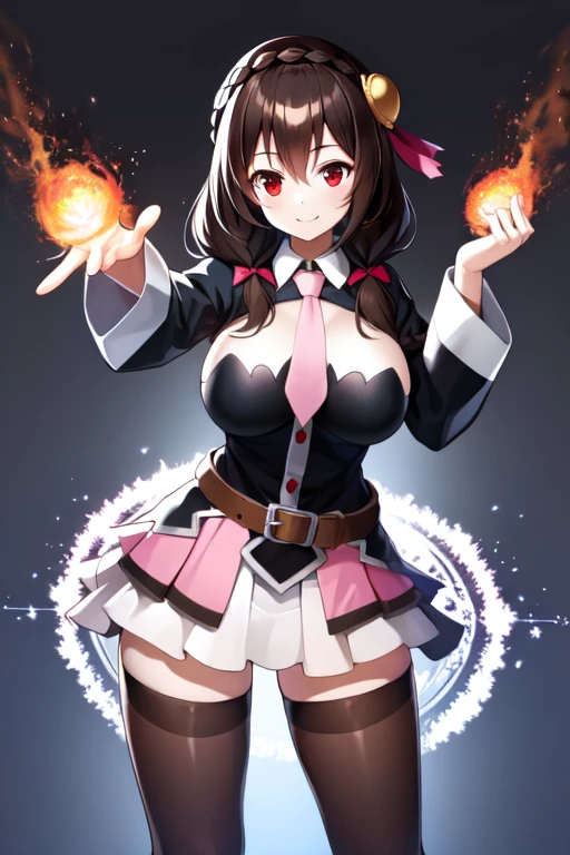 ((masterpiece,best quality)), yunyun1, 1girl, red eyes, solo, thighhighs, necktie, skirt, braid, long hair, pink necktie, large breasts, belt, hair ornament, black hair, hair bow, crown braid, long sleeves, brown hair, twintails, <lora:yunyun_v1:0.6>, spell, magic circle,