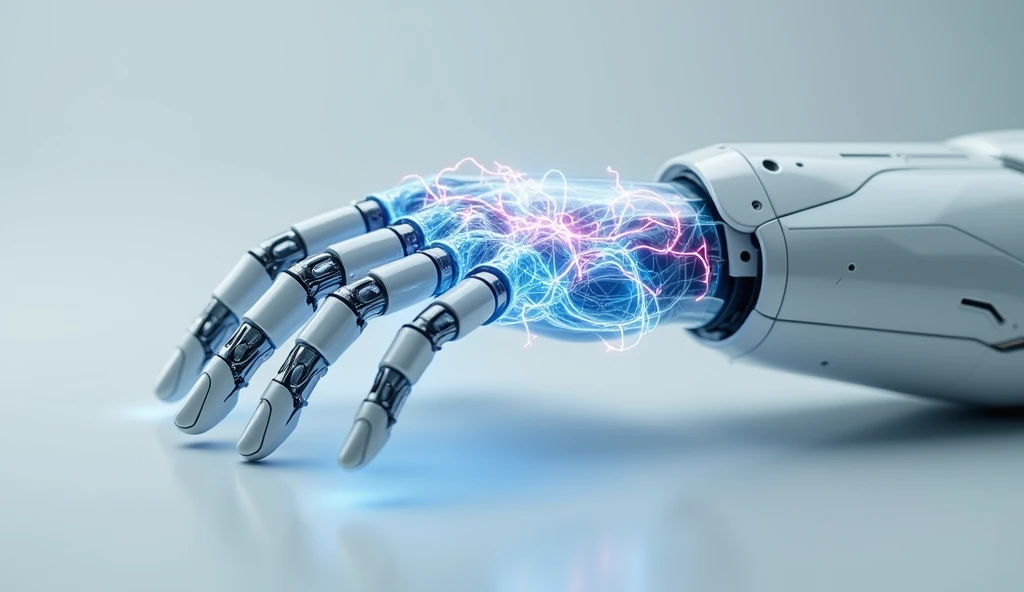 The image should depict a highly advanced robotic hand with a transparent section that reveals its internal components. The hand itself is crafted from smooth, futuristic white metal, with articulated fingers and joints, showing off a highly engineered structure. The key focus is on the transparent region on the palm and wrist area, where the underlying biological-like wiring and nerve systems are exposed. This transparent area should feature glowing biological nerves or wires, designed to look like a combination of high-tech neural pathways and synthetic nerves. The nerves should be delicate, yet highly intricate, twisting and weaving through the hand in a complex network. The wires or nerve-like structures should be illuminated in soft electric blues, pinks, and purples, with gentle pulses of light, giving a sense of bio-electric energy flowing through them. The glow of the wires should provide a smooth blend in to the other metallic, robotic exterior of the hand. The transparent section of the hand reveals these futuristic biological circuits, which mimic the appearance of veins and nerves in a human body, giving the impression of a hybrid between biology and robotics. The surrounding metal of the hand should be sleek and reflective, while the transparent region stands out, almost as if the skin has been peeled away to expose this synthetic, biological-like nerve network. The image should maintain a light, dramatic background to emphasize the glowing internal components, with soft reflections of the hand’s shiny metallic surface. The lighting should be dramatic to accentuate the transparent region and the glowing wires within.