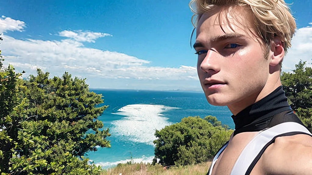 A photorealistic portrait of a 25 year old man., Cabello rubio y llamativo con gafas de sol., sin t-Shart. Ella debe tener un natural, Accessible expression and be illuminated by soft, Luz solar de la hora dorada.