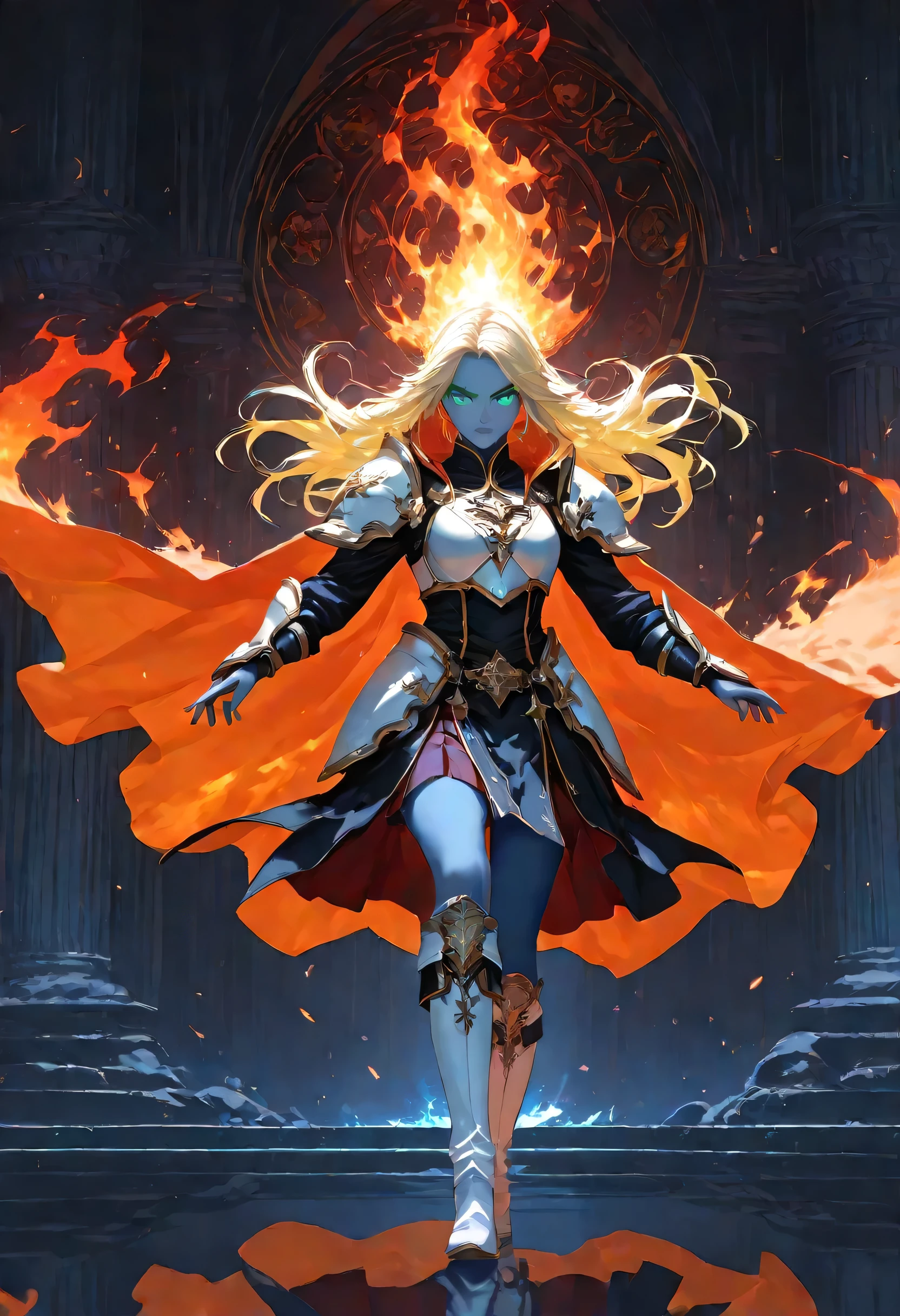 portrait of a female cleric ((dark blue skin)), intense details facial details, exquisite beauty, cleric, (dark blue skin)) female, ((yellow hair)), long hair, (((no ears))), (green eyes), armed with a fiery sword red fire, wearing (twilight priestly combat vestments), wearing white armor, wearing high heeled laced boots, wearing white armor, wearing an (orange cloak), wearing glowing holy symbol, fantasy art, dnd art, RPG art, wide shot, (masterpiece) intense details, highly detailed, photorealistic, best quality, highres, within fantasy temple background, reflection light, high details, best quality, 16k, [ultra detailed], masterpiece, best quality, (extremely detailed), close up, ultra wide shot, photorealistic, RAW, fantasy art, dnd art, fantasy art, realistic art,((best quality)), ((masterpiece)), (detailed), perfect face, fantasy, glowing, ember