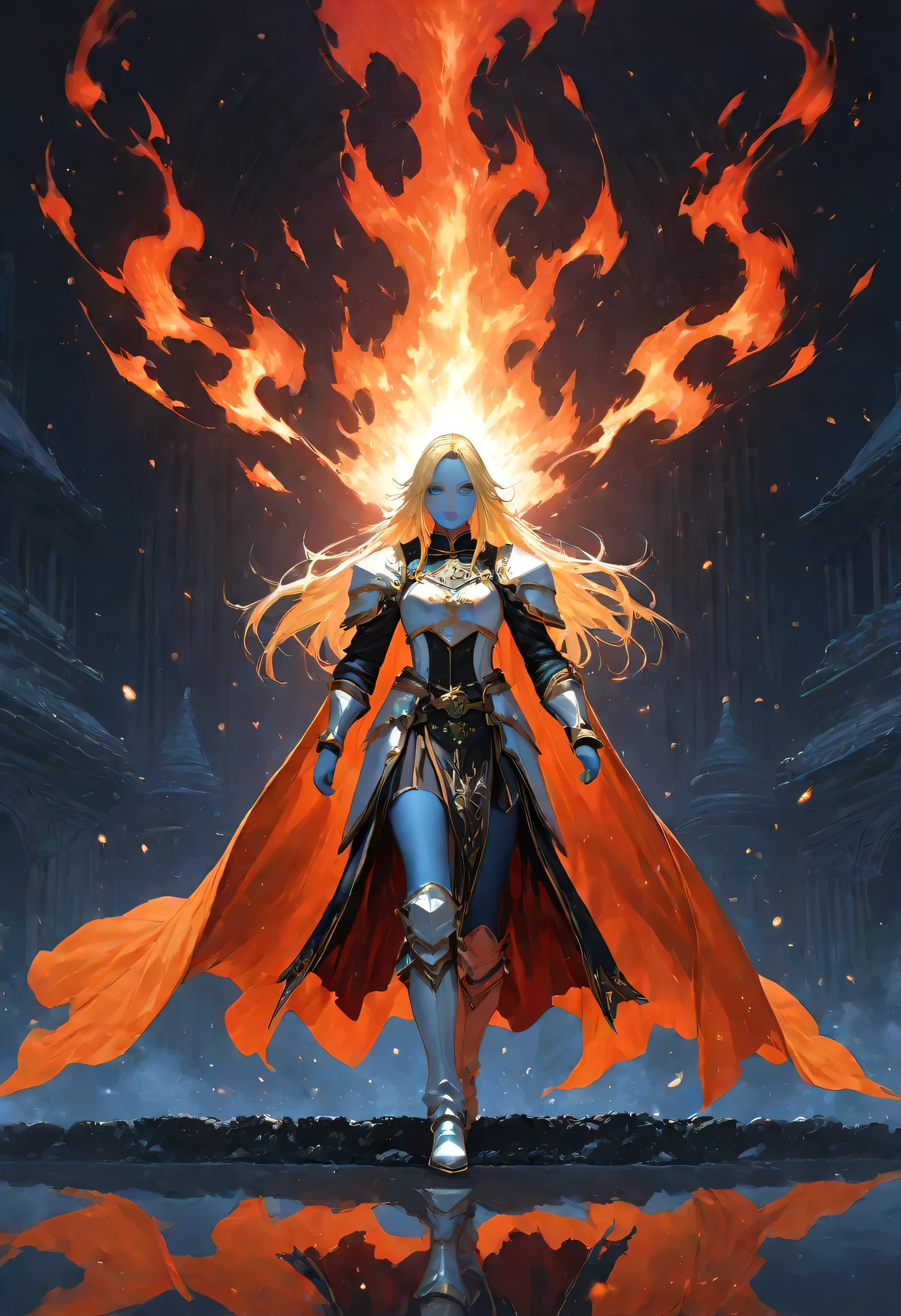 portrait of a female cleric ((dark blue skin)), intense details facial details, exquisite beauty, cleric, (dark blue skin)) female, ((yellow hair)), long hair, (((no ears))), (green eyes), armed with a fiery sword red fire, wearing (twilight priestly combat vestments), wearing white armor, wearing high heeled laced boots, wearing white armor, wearing an (orange cloak), wearing glowing holy symbol, fantasy art, dnd art, RPG art, wide shot, (masterpiece) intense details, highly detailed, photorealistic, best quality, highres, within fantasy temple background, reflection light, high details, best quality, 16k, [ultra detailed], masterpiece, best quality, (extremely detailed), close up, ultra wide shot, photorealistic, RAW, fantasy art, dnd art, fantasy art, realistic art,((best quality)), ((masterpiece)), (detailed), perfect face, fantasy, glowing, ember