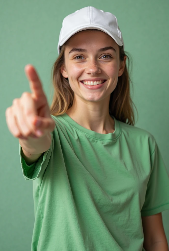 (photorealism:1.2), beautiful woman,wearing green hat and green t-shirt, greetings, no background, full body

