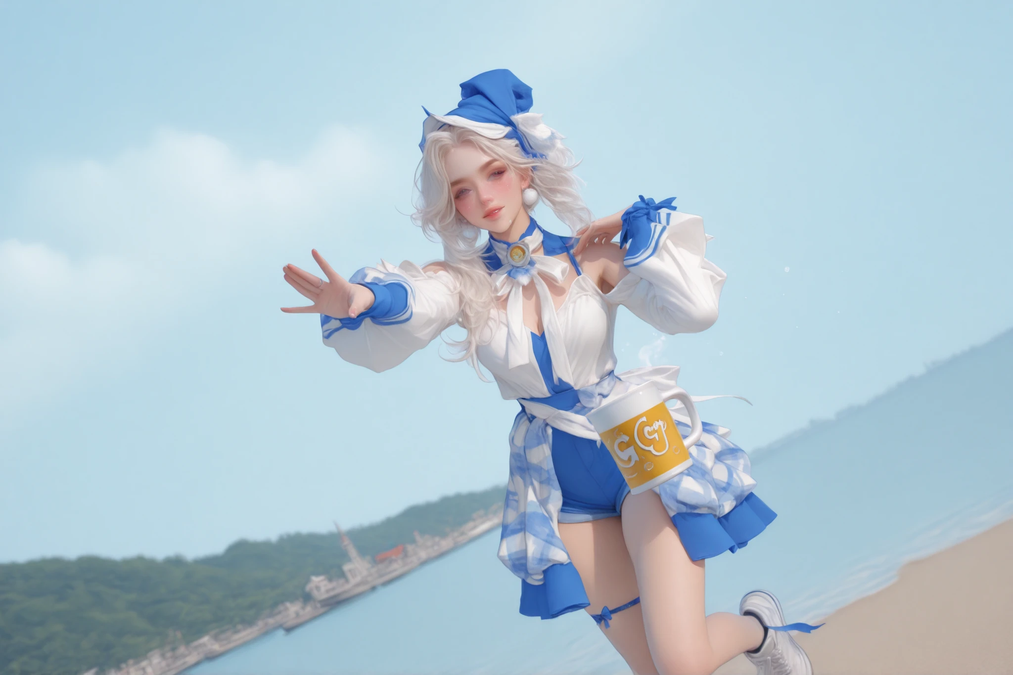 Change to a full-body photo of a woman,G cup, are perfectly detailed,has exquisite facial features, Clothes are exquisite , Game Character Design ,3D Rendering