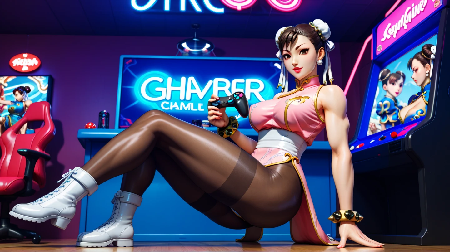Create a digital anime-style image of a young woman with a modern, brunette, hair cut side shaved head, eyes blue, lips atractive, beatiful fitness of her body. edgy appearance standing confidently in a dimly lit room with a cyberpunk aesthetic. The woman should tight small suit cyberpunk, sample legs and foot, legs open frontal bedroom, styled hair with vibrant colors, The room cyber high details. hair over 1 eye, cute nose, biting lip,seductive,white choker, pink lips, freckles, large breasts, pretty girl