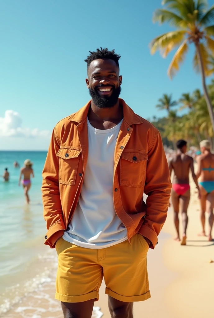 best qualityer:1.4), (ultra high resolution:1.2), (photorrealistic:1.4), (8k, CRU photo:1.2), a thin young man of 20 years old, skin black, with a smooth, beardless face, corte de cabelo buzzcut. He's wearing black beach shorts. is shirtless. is sitting on a wooden bench. He has a thin build. He's wearing sunglasses. He has a thin build. Corte de cabelo buzzcut