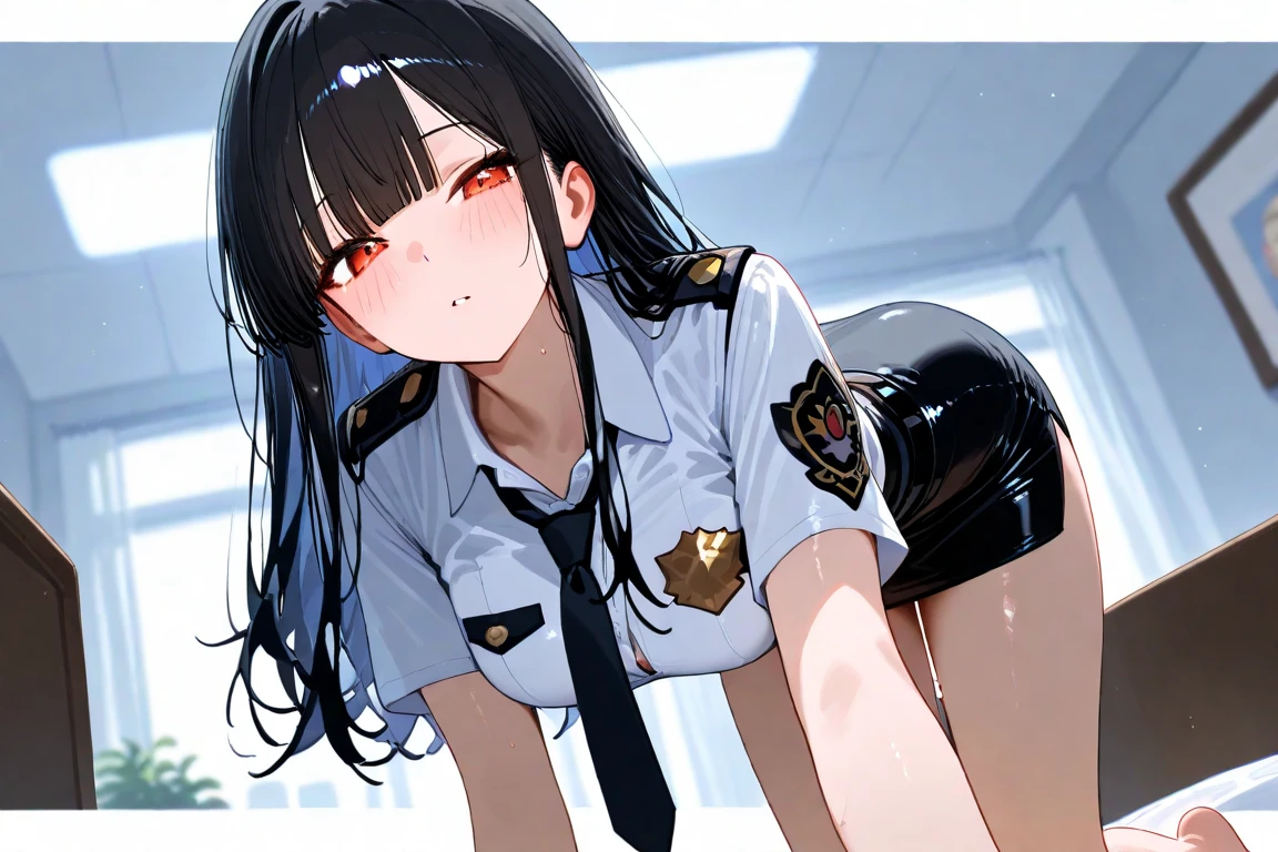 (masterpiece, highest quality:1.2),1 cowboy shot,girl,18 year old beauty、solo,ponytail hair,dark purple hair,shy,slender body,skinny,medium breasts,oily skin,shiny skin,Police uniform、light blue shirt,Collared shirt、Short sleeve、Black mini skirt、Black panties、Wet crotch、drip pee,standing,spread legs,Simple bed,Simple bedroom、