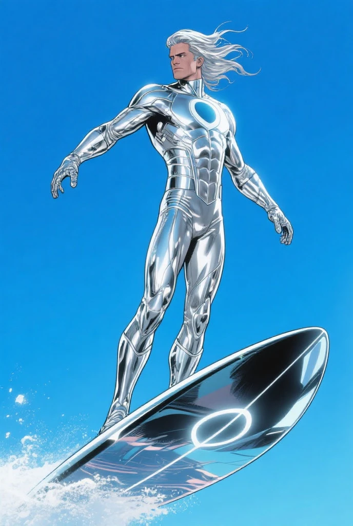 a highly detailed digital painting of Marvel Comics' Silver Surfer on silver surfboard, full body shot, dramatic lighting, glowing cosmic energy effects, metallic silver textures, dynamic pose, cinematic composition, hyper-realistic, vibrant colors, dramatic shadows, volumetric lighting, intricate details, 8k, photorealistic