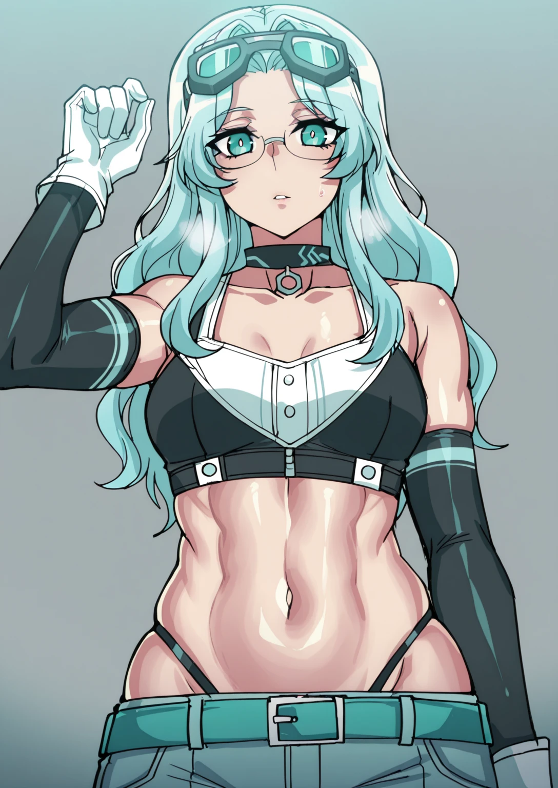 (osiimi-style:1.2), ((Monochrome, greyscale, manga-style, sketch, masterpiece)), ((spot colors, Aqua eyes)), comic, score_9, score_8_up, score_7_up, score_6_up, score_5_up, score_4_up, uncensored, detailed background, vignetting, masterpiece, high quality, absurdres, best quality, very aesthetic, newest, digital art, trending on ArtStation, ((anatomical correct)), perfect body, perfect eyes, perfect fingers, gasping, heavy breathing, gasping profusely, ((skindentation)), ((curvy)), mature female, eva aesland, long hair, light-blue hair, aqua eyes, glasses, parted bangs, ((small breasts)), bright pupils, plump, 1girl, breasts, solo, goggles_on_head, gloves, goggles, navel, choker, looking_at_viewer, muscular_female, belt, grey_background, muscular, parted_lips, elbow_gloves, white_gloves, eyewear_on_head, collarbone, midriff, simple_background, tank_top, pants, bare_shoulders, (highleg panties)