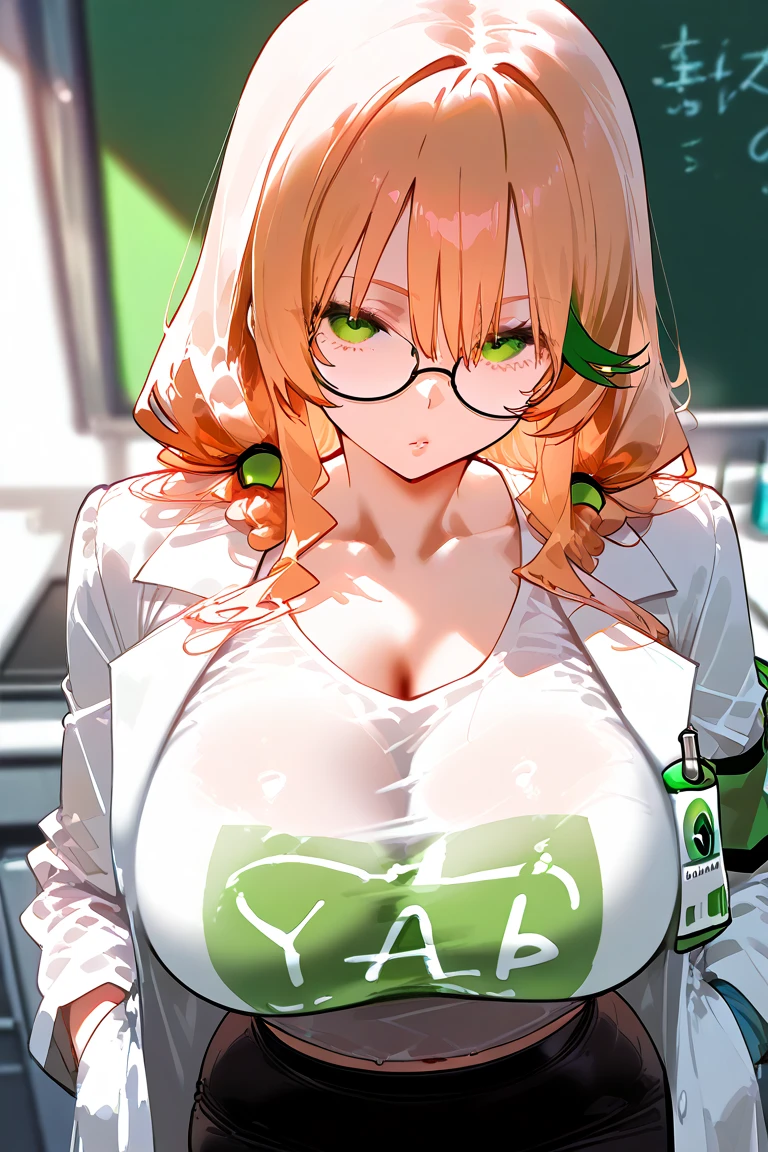 absurd, 8K, high resolution, Ultra-detailliert, beautiful, Meisterwerk, best quality, very pretty woman, Jung, green hair, Biologielaborant, (very huge breasts:1.3), (gut:1.6), detailliertes Frauengesicht, Sehr attraktiv, im Labor, Laborausstattung,
