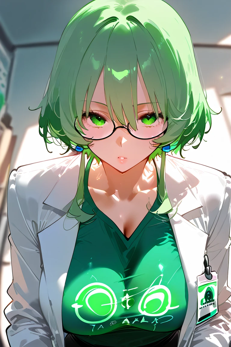NSFW,1girl,Green Hair,Light green eyes,Curly medium short hair,Square glasses,Wearing a large white coat,,Dairy-free,garter belt,Expressionless,desk,Character portrait,full Art,Ahegao,pussy juice