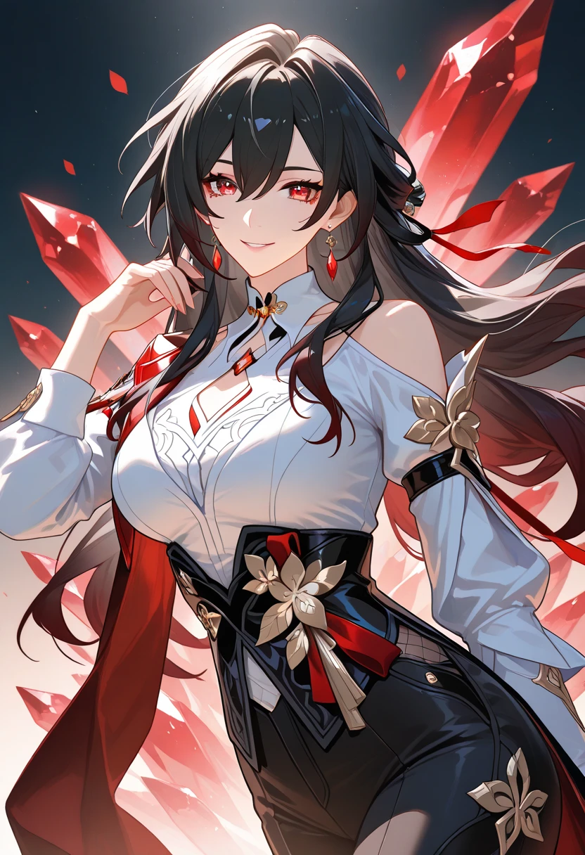 1girl, Solo, Long Hair, Black Hair, wavy hair with red highlights,Bangs, Red Eyes, Earrings, Tears, Frown, Crying, Crying With Eyes Open, Sad, Simple background, medium breasts, Earrings, Crystal Earrings, upper boddy, High Resolution, High Details, Super Detailed, Looking at viewer, casual clothes