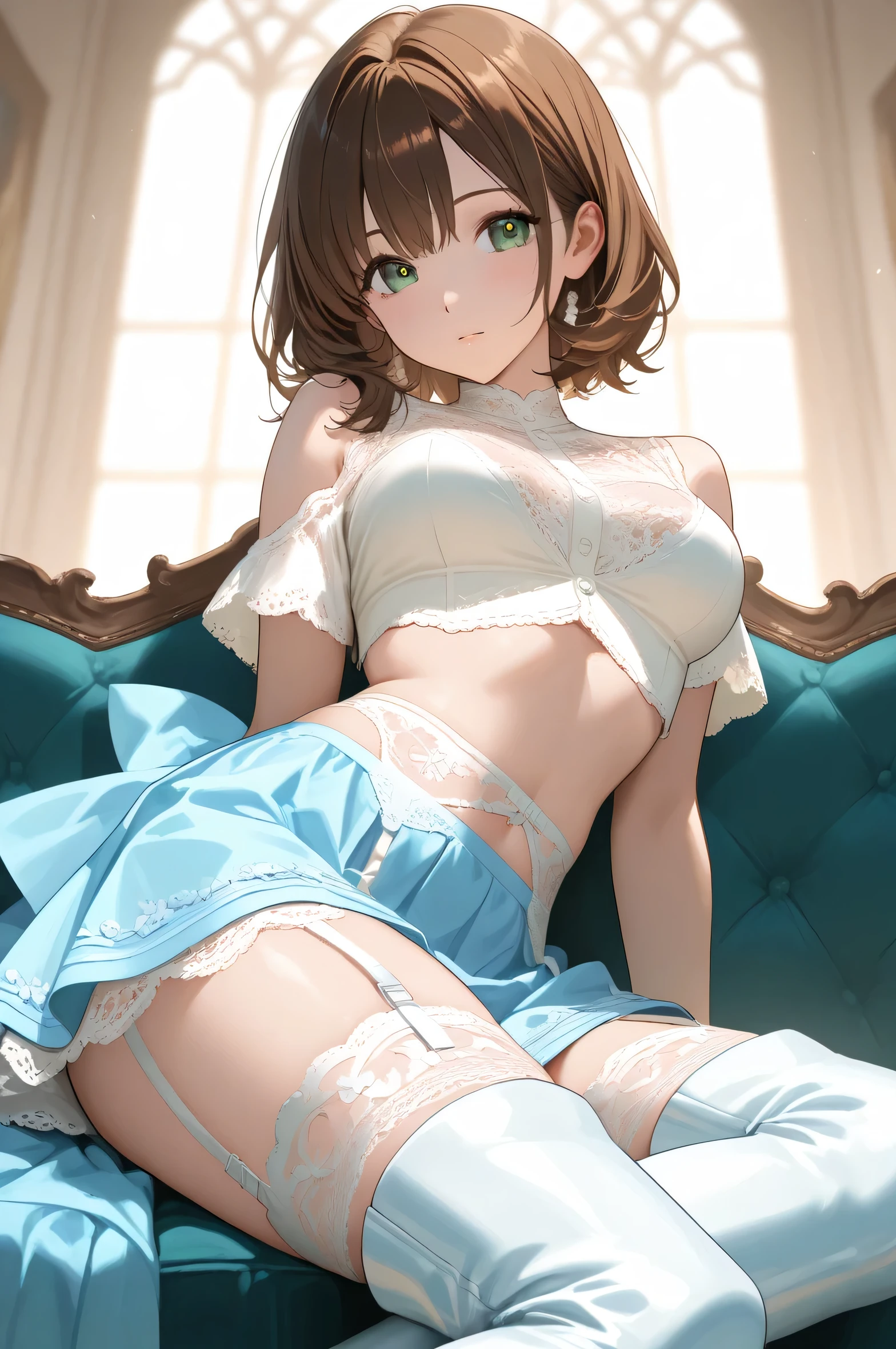masterpiece, ultra high quality CG, best quality, perfect picture, solo, Duvalie (brown hair with braided buns, green eyes, bustier, cute, small breasts), (((wearing only a white bra and pantyhouse))), blushing, shy, inside a castle bedrrom, bed,