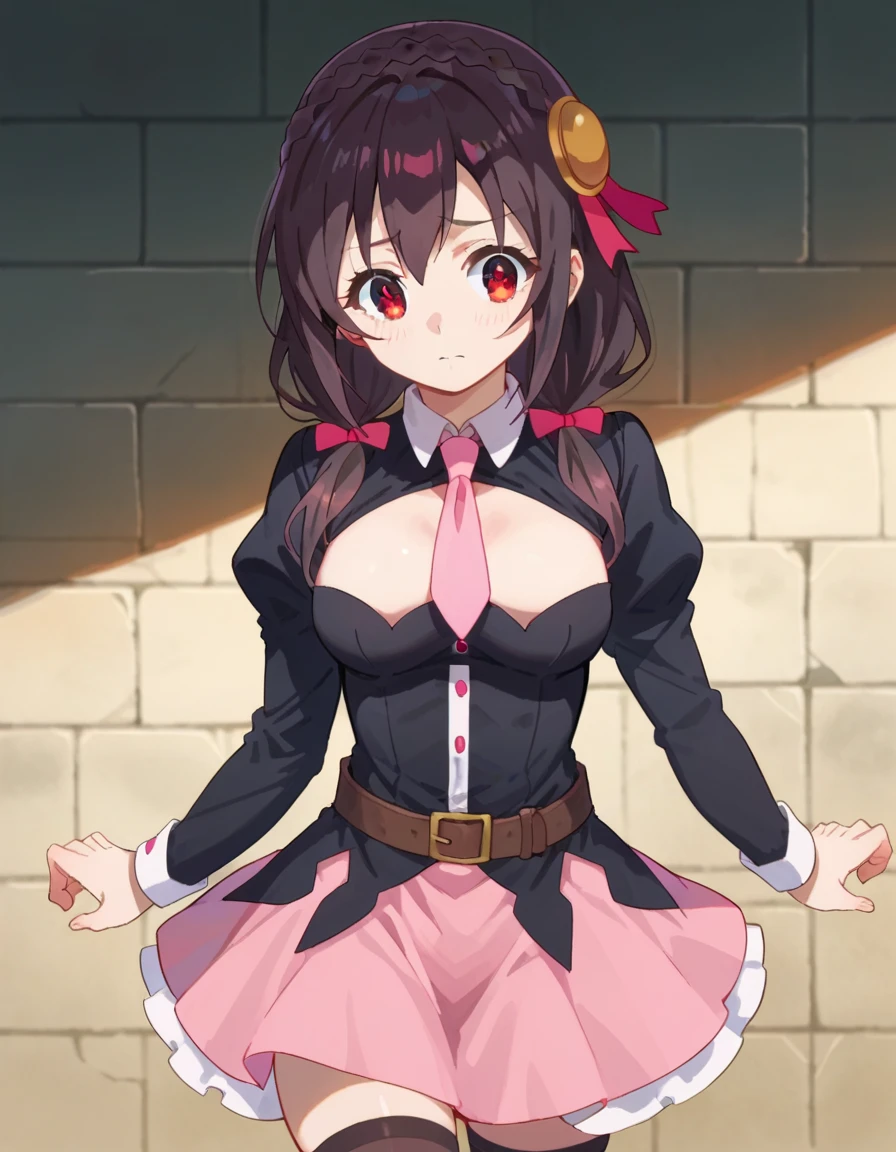 1girl, alone, yunyun,bangs, between_breasts, black_hair, blush, bow, braid, crown_braid, hair_bow, hair_ornament, large_breasts, long_hair, looking_at_viewer, necktie, pink_necktie, pink_skirt, red_eyes, ribbon, side-tie, ?, confused, perfect hands, perfect anatomy