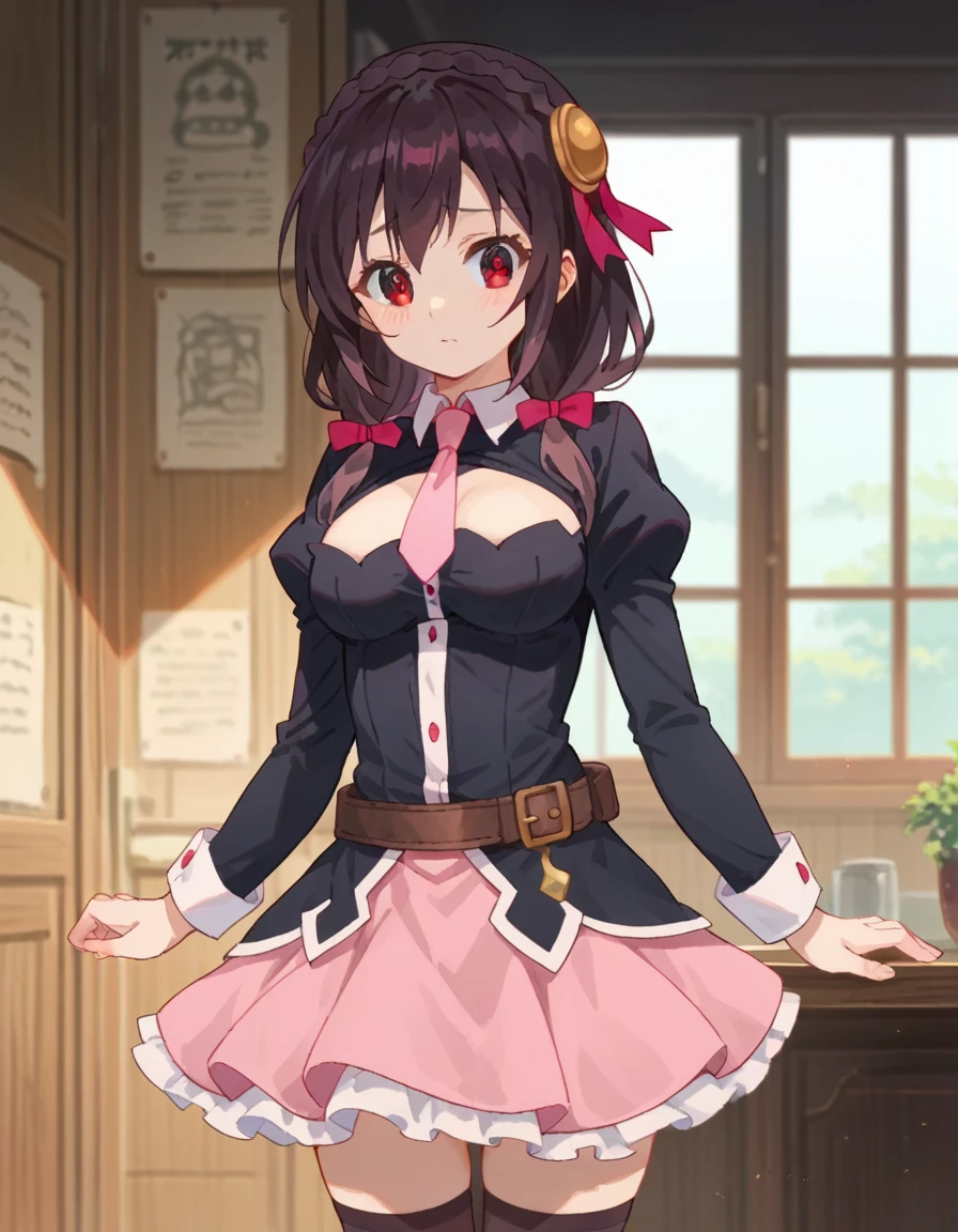 (masterpiece, highest quality), One girl, Yunyun,Long Hair,Braiding,Twin tails,Hair between the eyes,Hair Ribbon,hair ornaments,A little large chest Pink skirt、Red Eyes、Embarrassed face、grass、blush、Crown Blade,Black Shirt, Long sleeve,Pink tie, belt, Cleavage cutout、cowboy shot、Pink panties are visible from under the skirt、View from below:1.5、Sweat