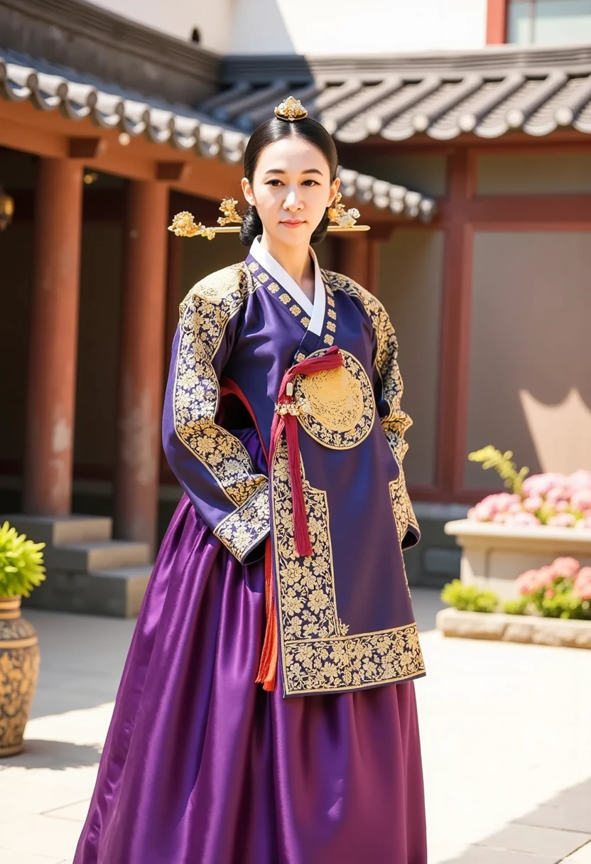 [CHARACTER: Tang Dynasty Imperial Noblewoman]  
Appearance: A breathtakingly beautiful Chinese woman with luminous porcelain skin, elegant oval face, soft round eyes, and an aura of authority mixed with sensuality.  
Outfit: Wearing an **extravagant Tang Dynasty hanfu**, with layers of **rich silk robes** in hues of deep red, gold, or royal purple, adorned with **phoenix and peony embroidery**, golden trims, and flowing wide sleeves. Her outer robe drapes gracefully, revealing inner layers with intricate brocade.  
Hair: Styled in a **tall, elaborate Tang court updo**, decorated with **gold phoenix pins**, **jeweled crowns**, **floral hair ornaments**, and **dangling pearl strings**.  
Expression: Regal and composed, with a soft, knowing smile or a serene, powerful gaze — full of imperial charm and timeless grace.  

[SCENE]  
Location: Standing or seated in a **Tang Dynasty palace hall**, or on a marble terrace with carved dragons, red pillars, and hanging silk drapes. Optionally near **an imperial lotus garden** or **silk-curtained balcony** overlooking the court.  
Lighting: Warm golden indoor lighting, with beams of sunlight from tall windows or lanterns casting soft highlights on silk textures and jewelry.  
Mood: Grand, majestic, and intimate — capturing the elegance and dominance of a woman born to rule.  

[CAMERA]  
Full-body or mid-length portrait, capturing the flow of the robes, the headdress, and facial expression. Side angle or slight tilt for cinematic drama.  

[STYLE]  
Ultra-realistic 8K, cinematic lighting, dramatic shadows, soft focus on background to enhance regal presence.  
Avoid cartoonish tone — use royal color palette, authentic textures, and Tang Dynasty aesthetics.
