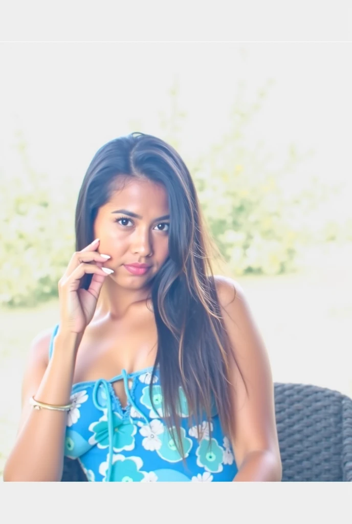 Indonesian woman, appears from the water on the large phone screen that has icons for applications such as WhatsApp, Twitter, phone calls, cameras and Instagram. There is a splash of water around the area where the person appears in the full body, adding a realistic effect to the illusion. Background shows wooden table with purple flower out of focus on left side.realistic,4k ,hd