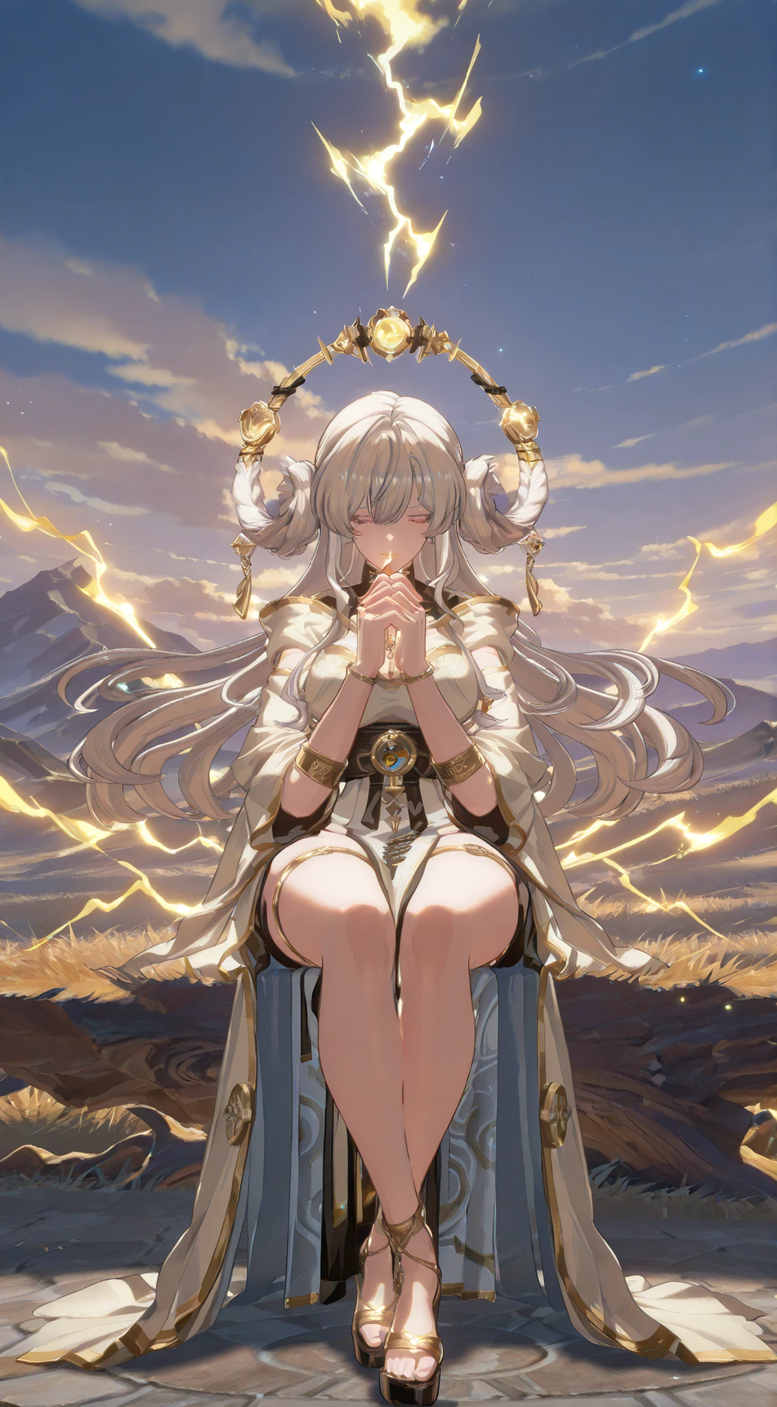 Create a mystical and serene scene with an image of a serene figure sit cross-legged with hands clasped together and chant mantras, surrounded by swirling energy and soft, glowing lightning. There are yellow characters floating around the character. The figure has medium-length, flowing white hair and is adorned with elegant, ornate robes in gold and white. Behind the figure is a swirling circle of yellow energy and clouds. In the distance, depict a dreamy scene of rolling hills and soft pastel colors to add to the enchanting atmosphere